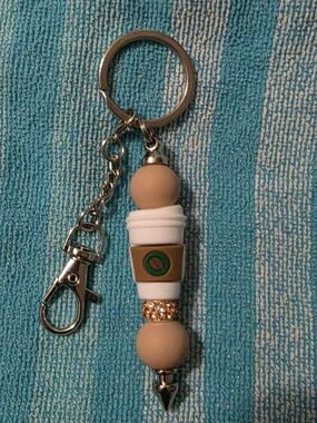Neutral Beige and White Coffee Cup Bead Keychain